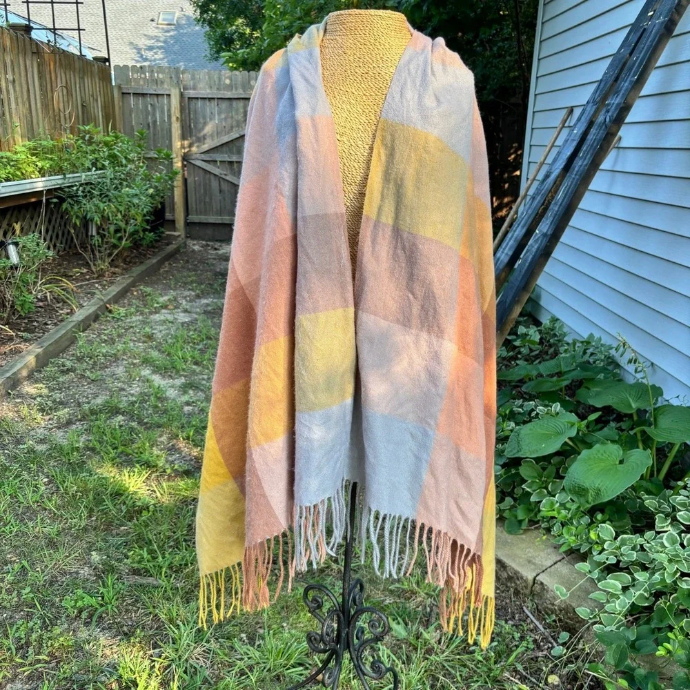 Oversized Plaid‎ Blanket Scarf Wrap Shawl Fringed Yellow Peach Grey